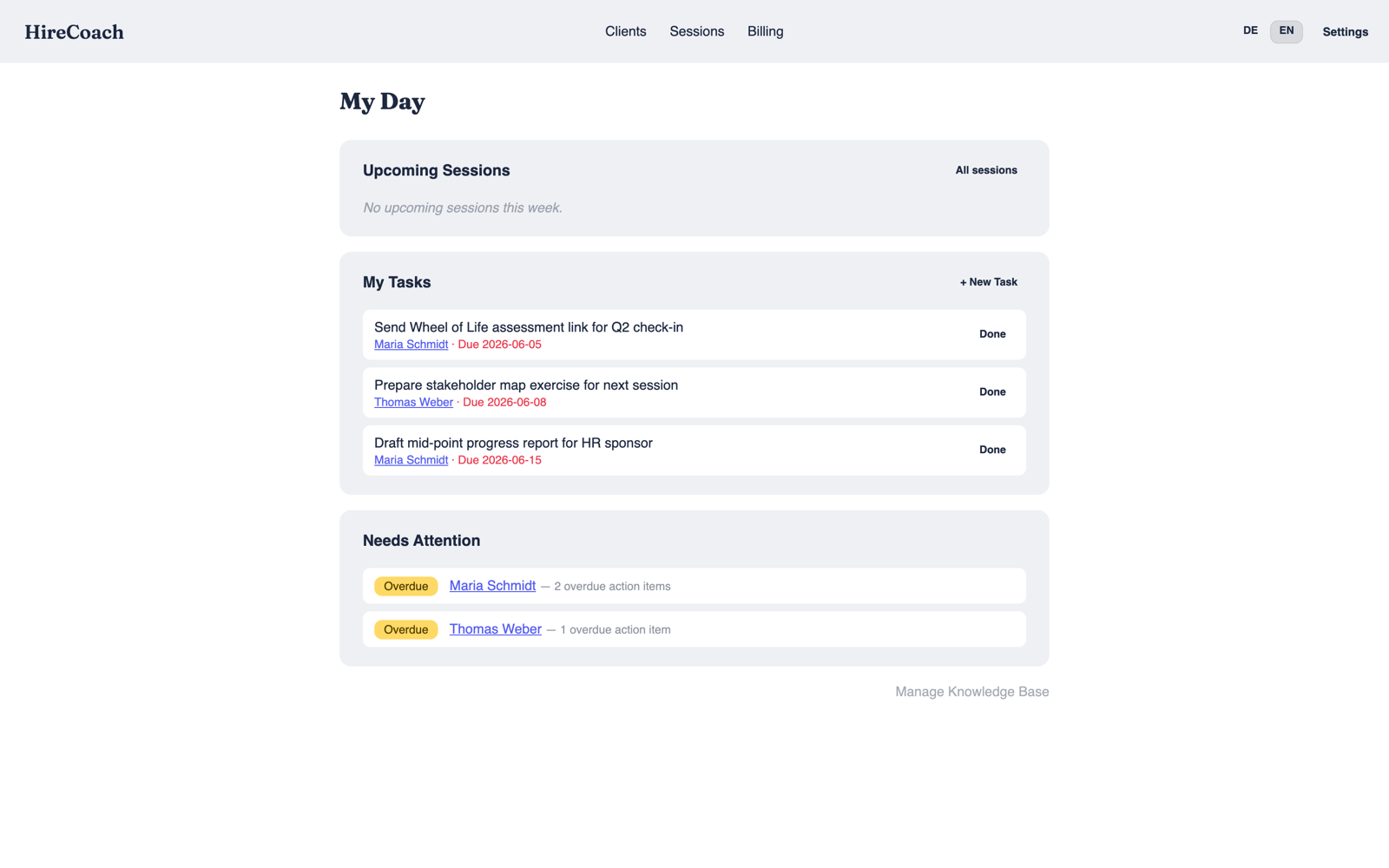 Coach practice dashboard with sessions, tasks and billing