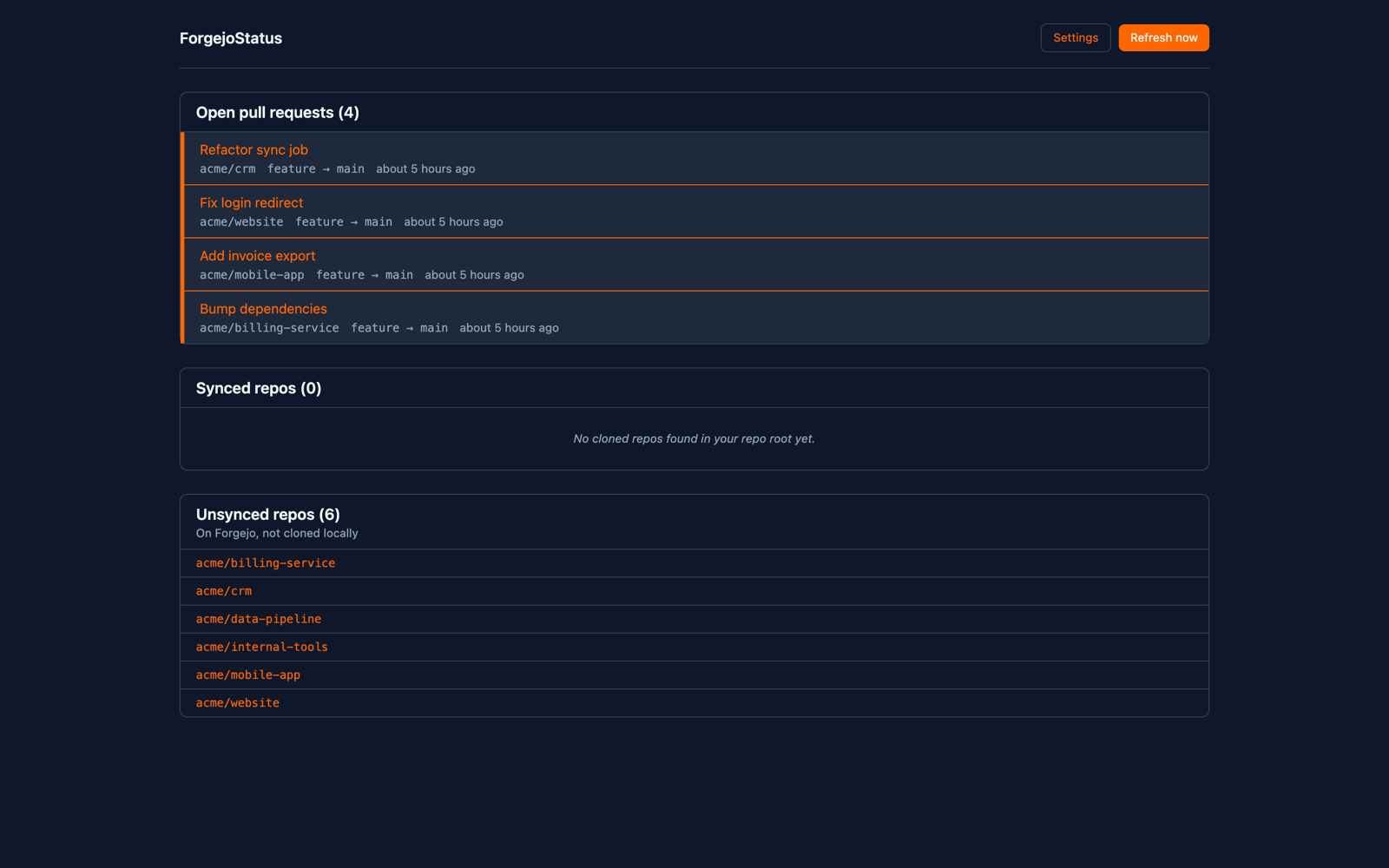 Forgejo status dashboard with open pull requests and repos