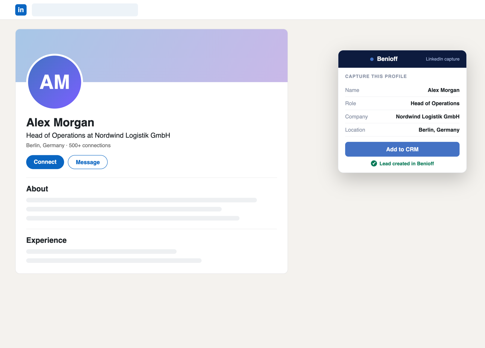 Benioff Chrome extension capturing a LinkedIn profile into the CRM