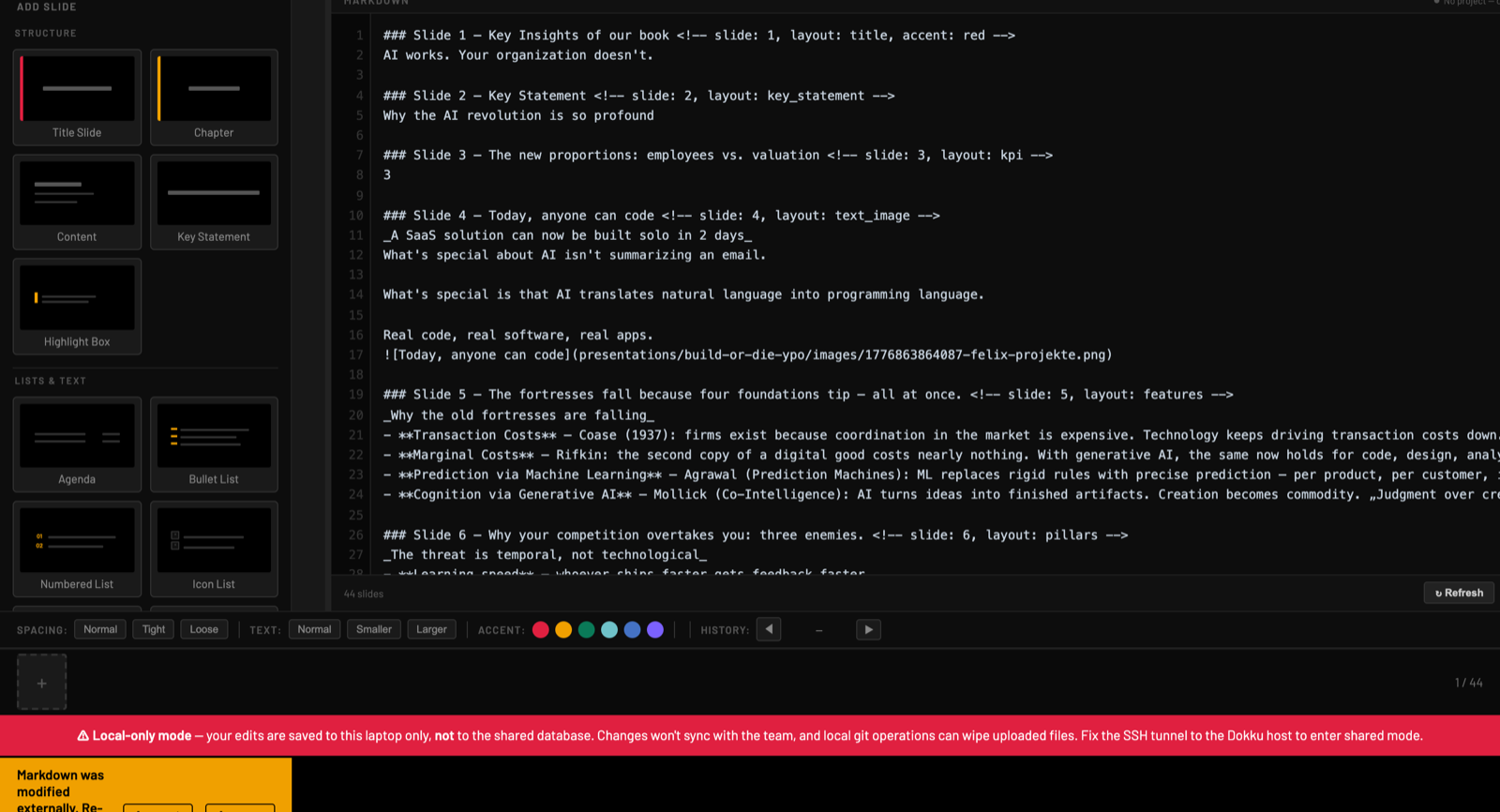 Rams editor turning Markdown into a designed slide