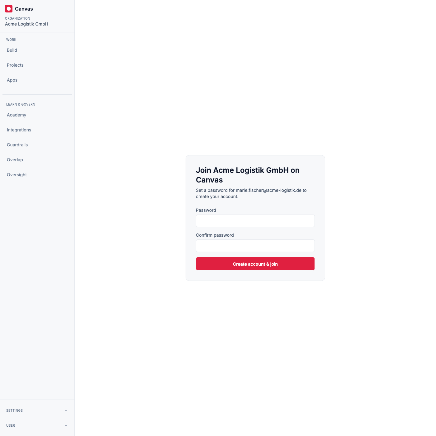 The invitation acceptance page: a new invitee sets a password to create their account and join the organization.
