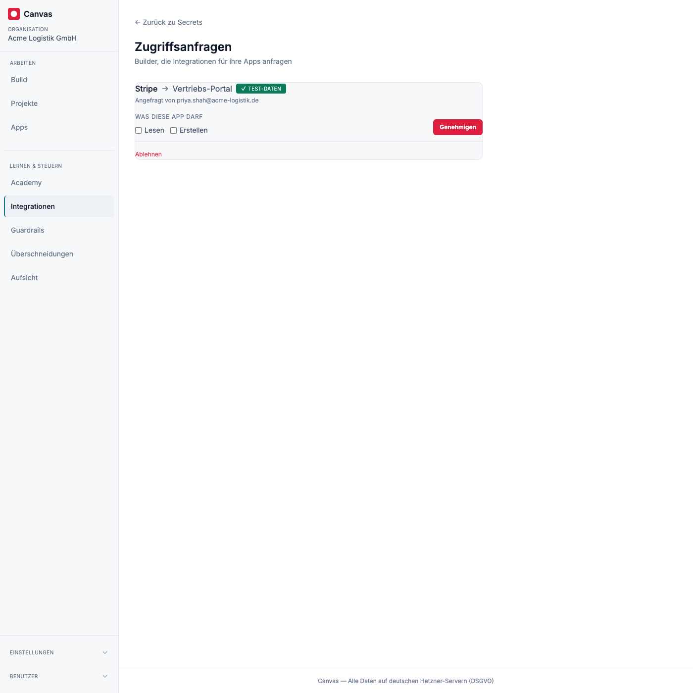 Die Zugriffsanfragen-Inbox: jede offene Anfrage zeigt die Integration, die App, wer angefragt hat, und die freizugebenden Operationen vor dem Genehmigen oder Ablehnen.