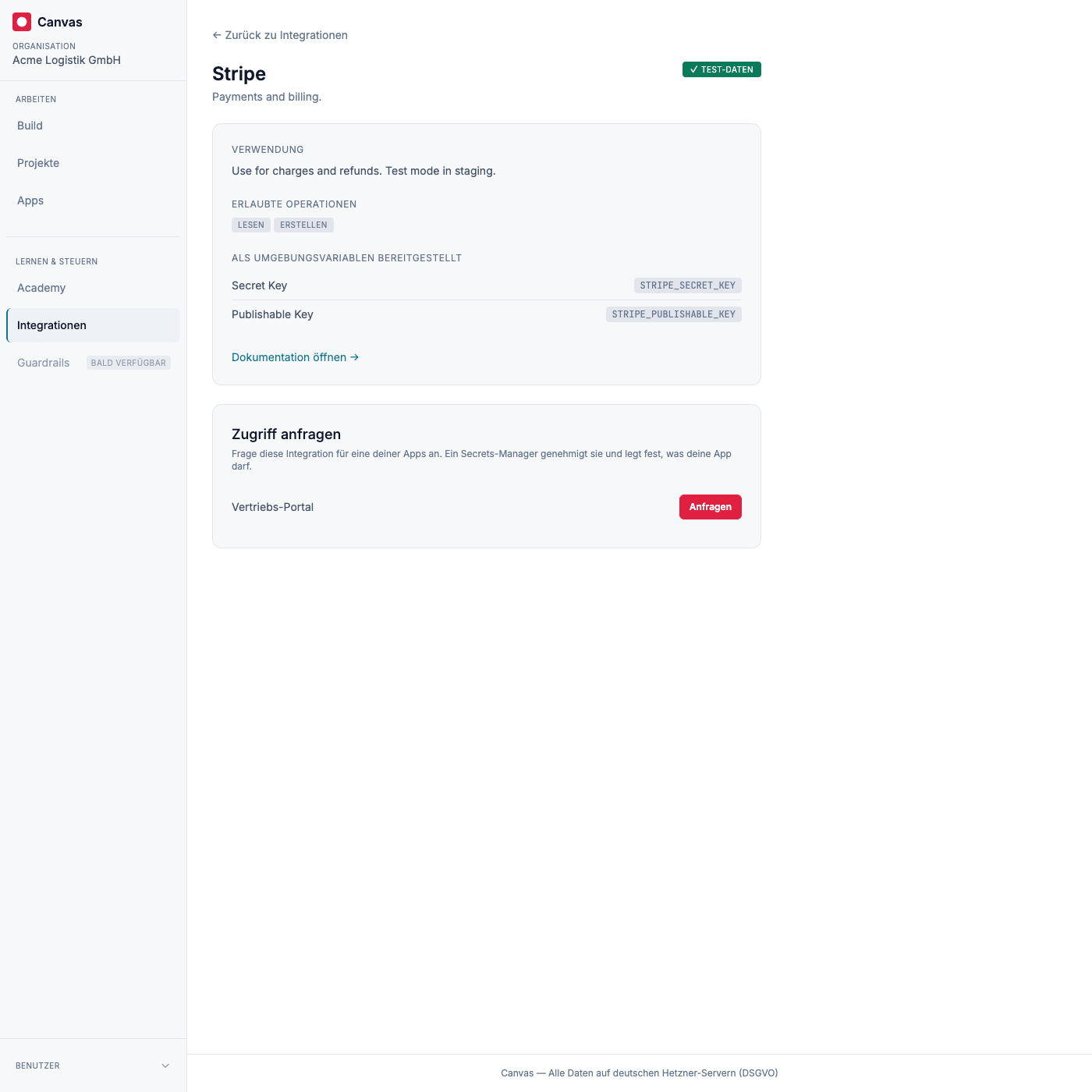Die Integrationsdetails für einen Builder, mit einem Button, um den Zugriff für eine seiner Apps anzufragen.