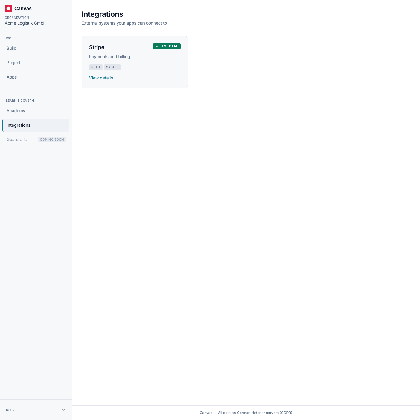 The builder catalog: discoverable integrations with their allowed operations and data badge, values never shown.