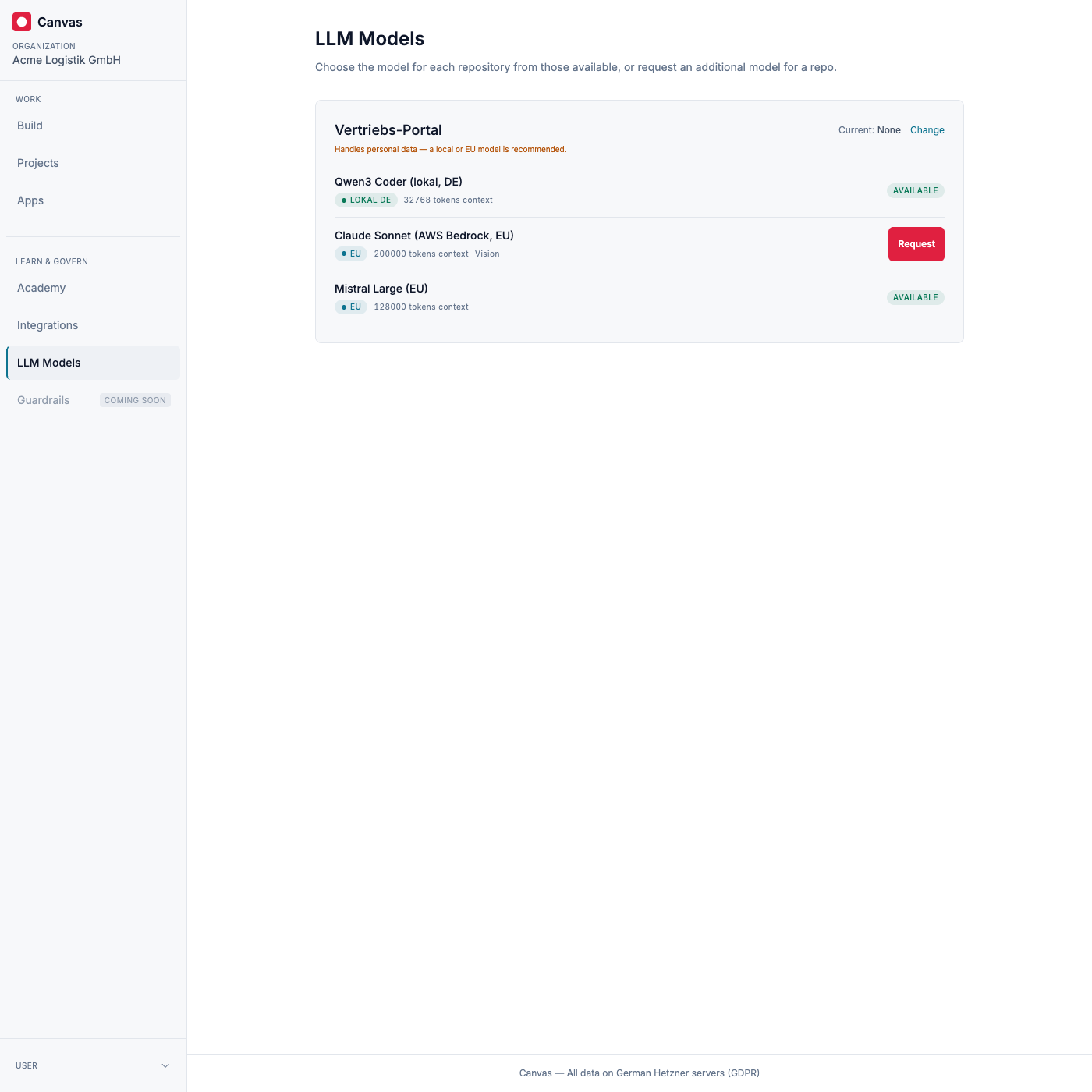 The builder view: each repository, its current model, the available models, and a button to request an additional one.