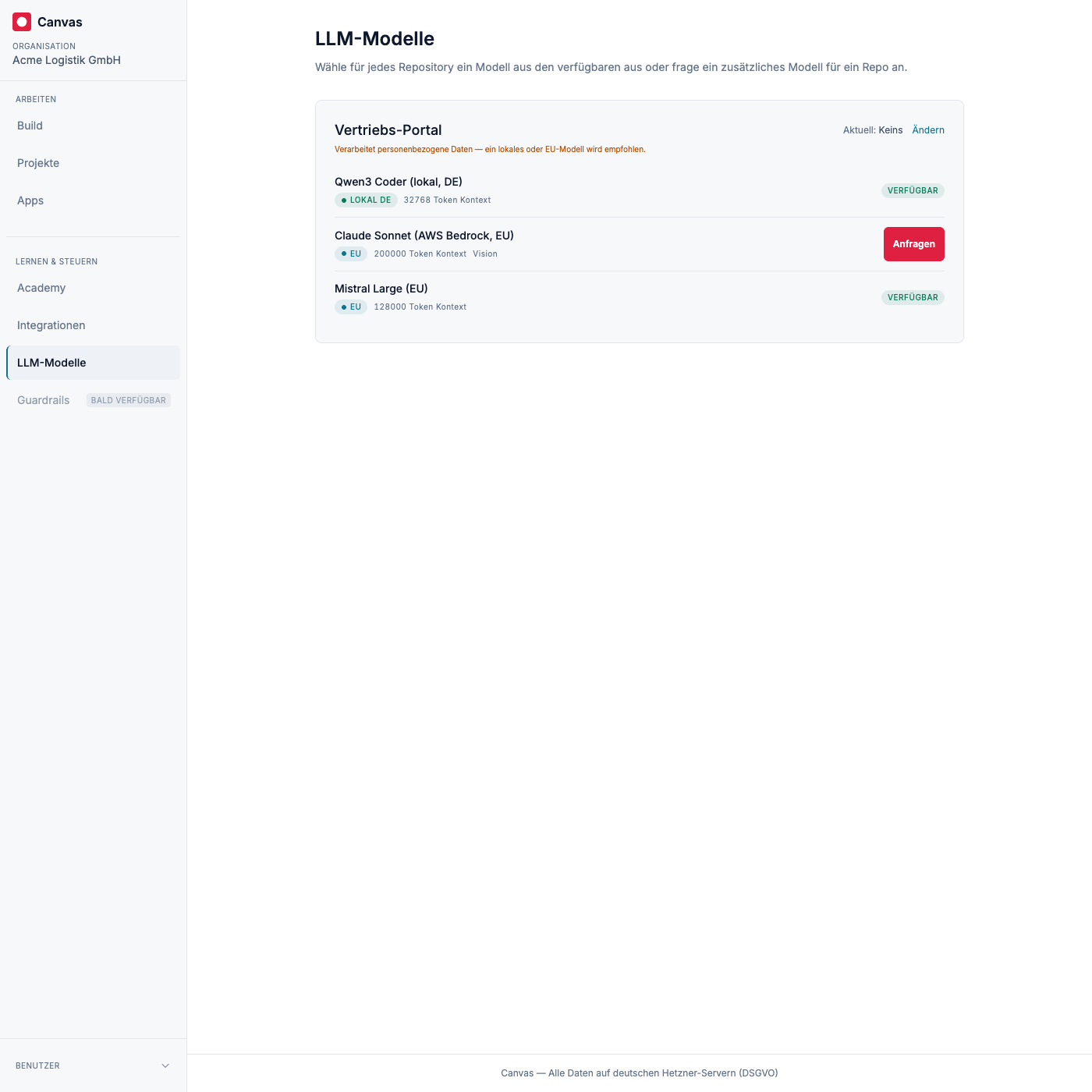 Die Builder-Ansicht: jedes Repository, sein aktuelles Modell, die verfügbaren Modelle und ein Button, um ein zusätzliches anzufragen.