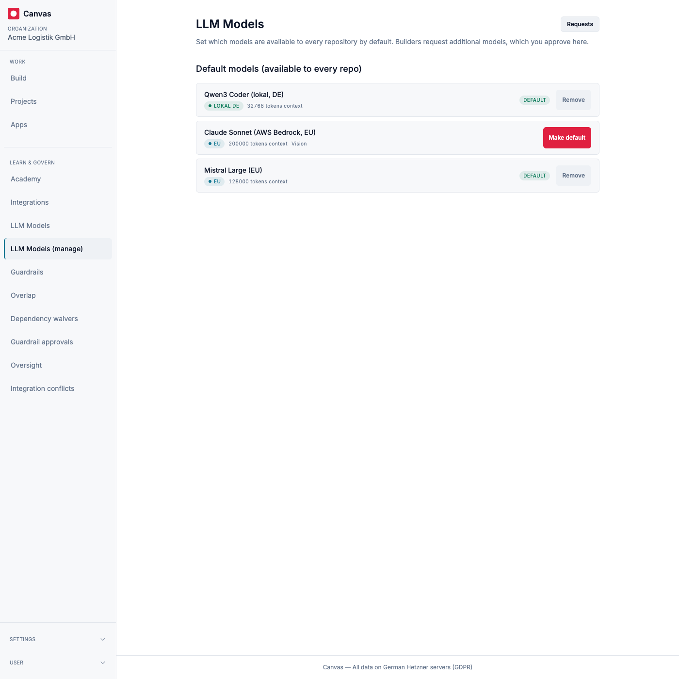 The manager view: the model catalog with residency badges and a toggle to make each one a default for the organization.