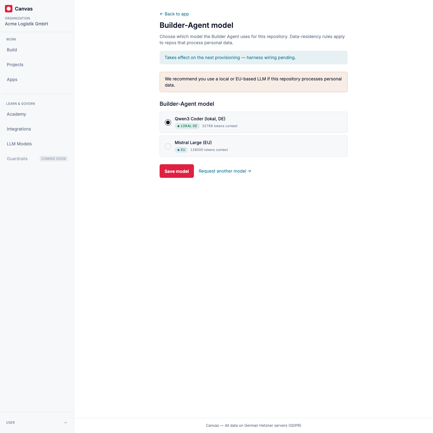 The per-repository model screen: the models available to this repository, with the personal-data recommendation.