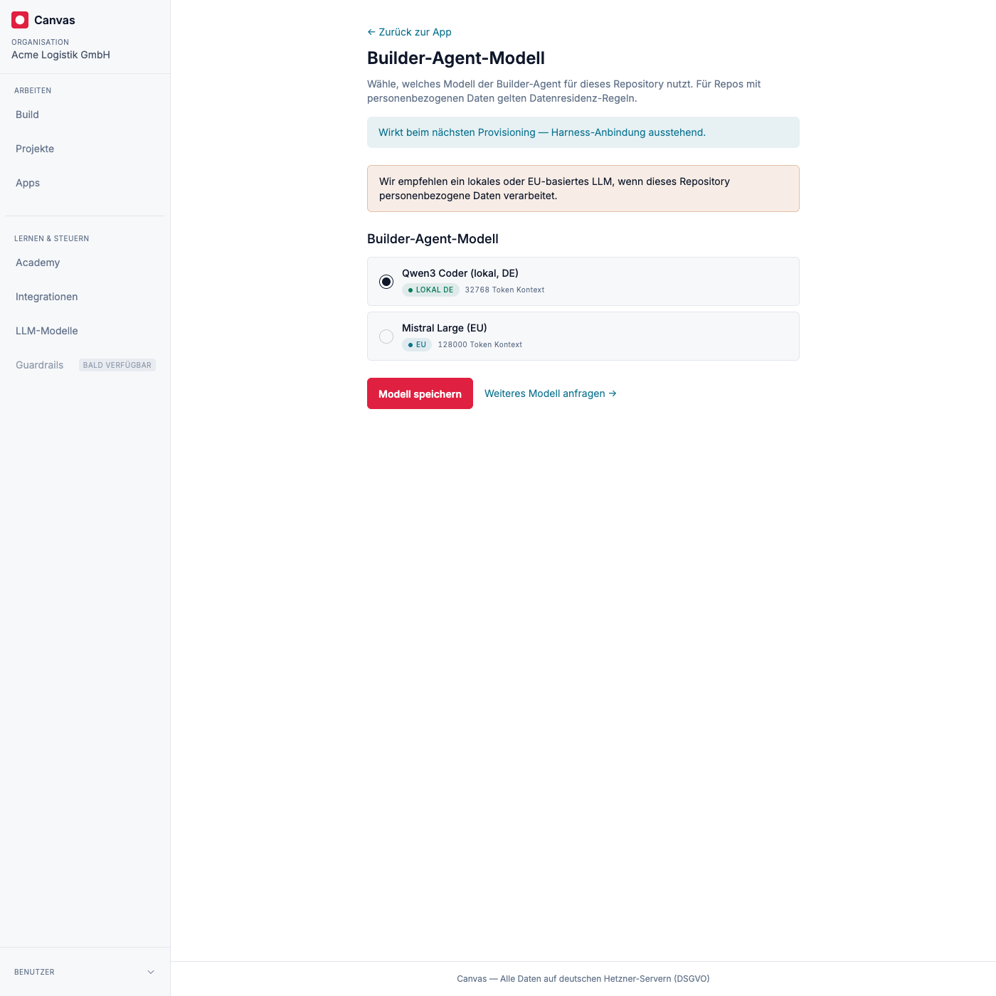 Die Modell-Ansicht je Repository: die für dieses Repository verfügbaren Modelle, mit der Empfehlung für personenbezogene Daten.