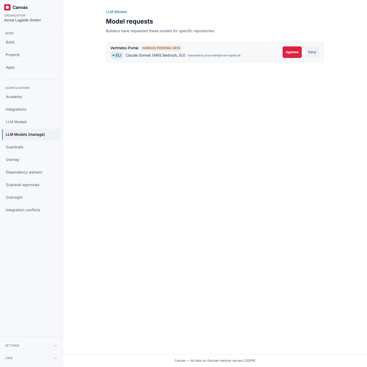The request queue: each pending request shows the repository, the requested model and its residency, and a personal-data flag before you approve or deny.