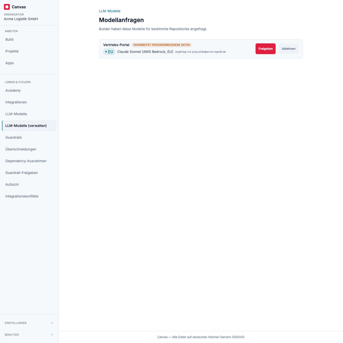 Die Anfrage-Liste: jede offene Anfrage zeigt das Repository, das angefragte Modell und seine Residenz, sowie eine Kennzeichnung für personenbezogene Daten, vor dem Freigeben oder Ablehnen.