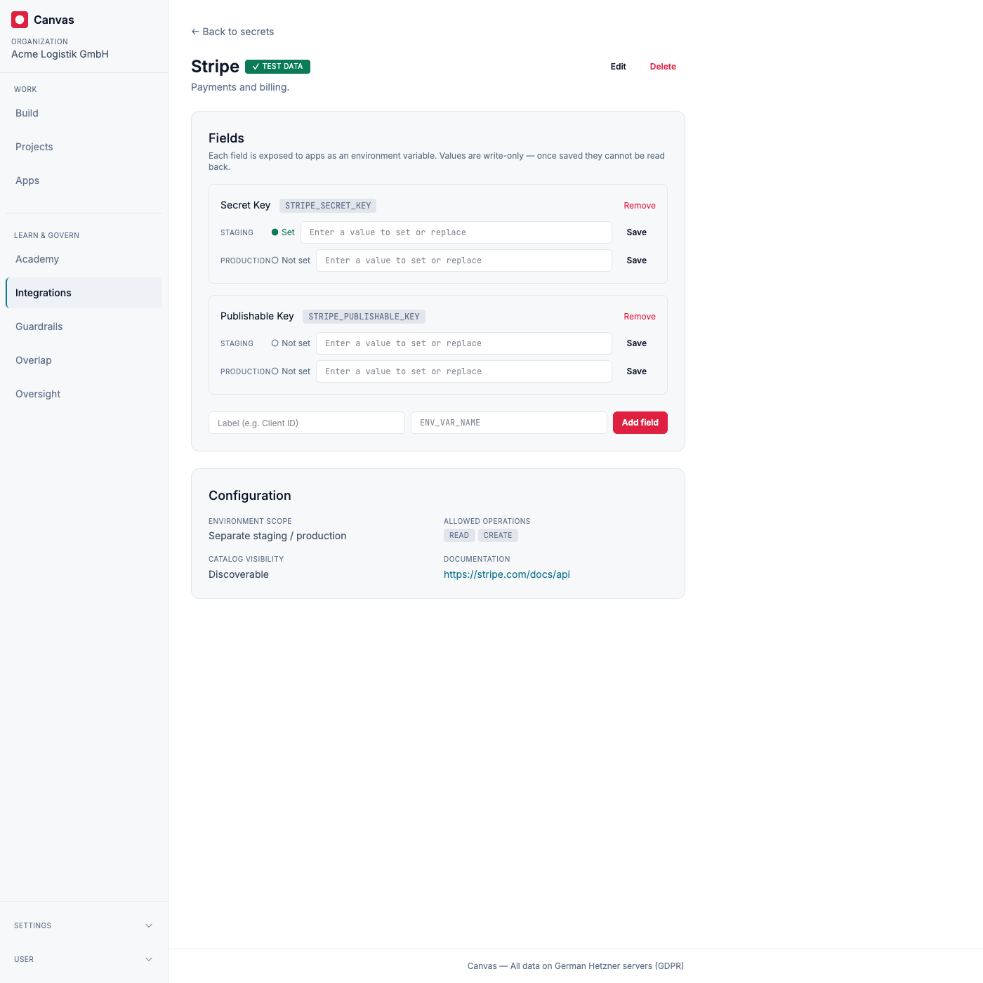 An integration’s detail page: fields mapped to environment variables, a set or not-set indicator per environment, and a write-only input to set or replace each value.