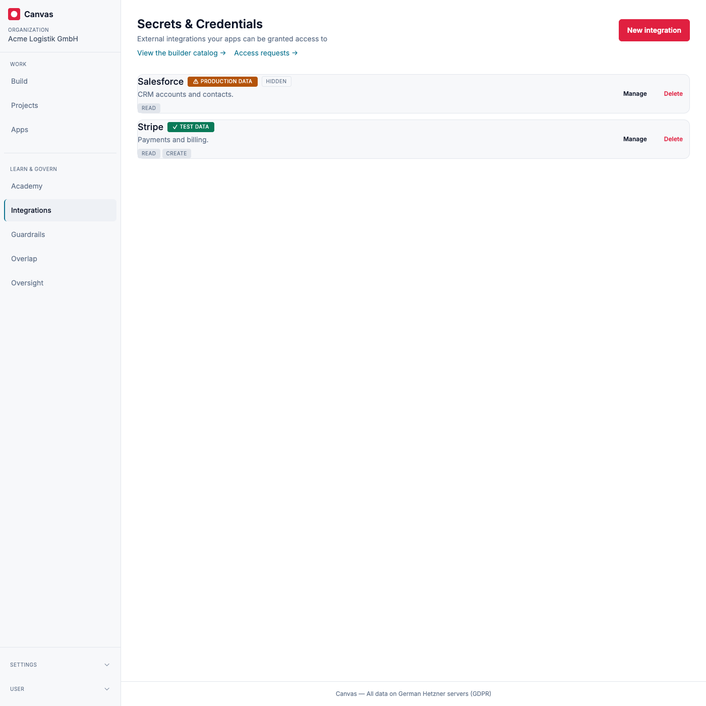 The secrets manager view: every integration in the organization, with its test or production badge and management actions.
